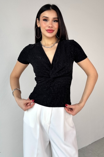 BLZ-13325 Siyah Önden Bağlama Detaylı V Yaka Bluz - 4
