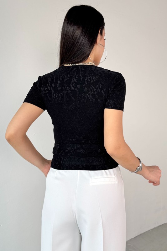 BLZ-13325 Siyah Önden Bağlama Detaylı V Yaka Bluz - 7