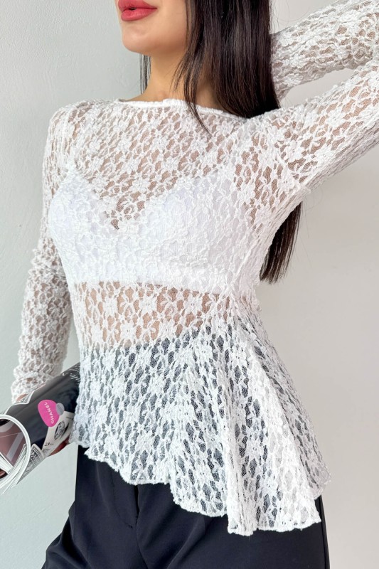 BLZ-13522 Beyaz Kayık Yaka Dantelli Bluz
