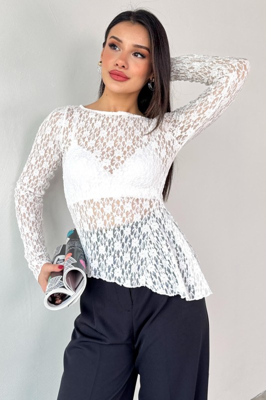 BLZ-13522 Beyaz Kayık Yaka Dantelli Bluz