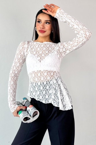 Cappmoda - BLZ-13522 Beyaz Kayık Yaka Dantelli Bluz (1)