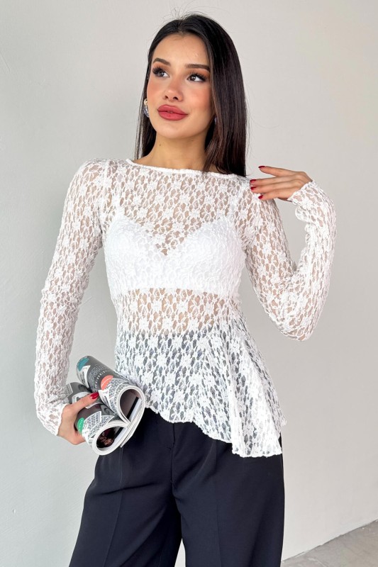 BLZ-13522 Beyaz Kayık Yaka Dantelli Bluz