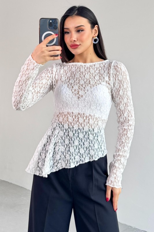 BLZ-13522 Beyaz Kayık Yaka Dantelli Bluz