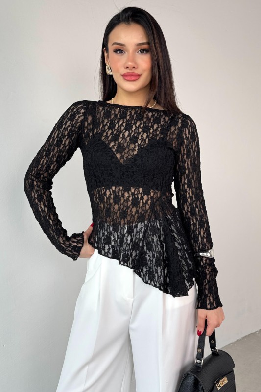 BLZ-13522 Siyah Kayık Yaka Dantelli Bluz