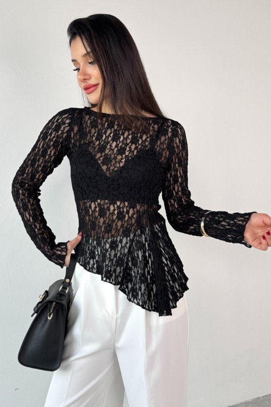 BLZ-13522 Siyah Kayık Yaka Dantelli Bluz