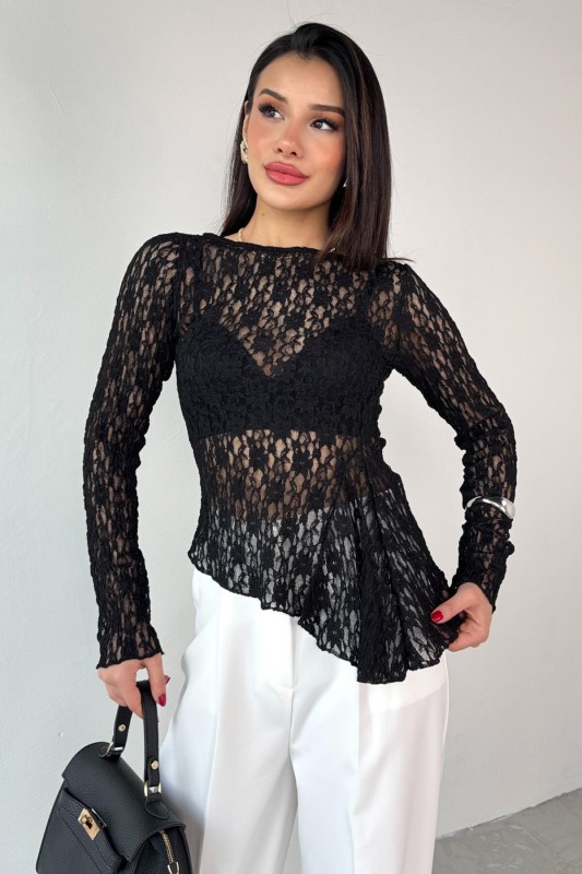 BLZ-13522 Siyah Kayık Yaka Dantelli Bluz