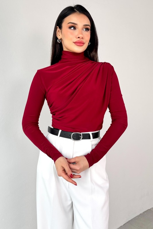 BLZ-9871 Bordo Yan Büzgülü Drapeli Uzun Kollu Bluz