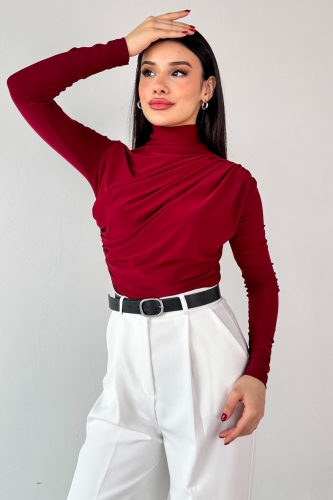 Cappmoda - BLZ-9871 Bordo Yan Büzgülü Drapeli Uzun Kollu Bluz (1)