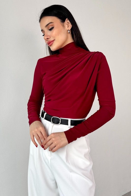 BLZ-9871 Bordo Yan Büzgülü Drapeli Uzun Kollu Bluz