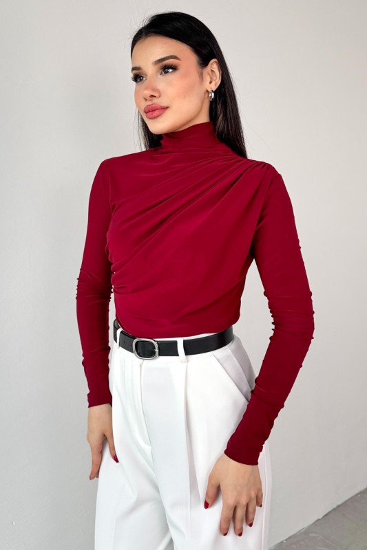 BLZ-9871 Bordo Yan Büzgülü Drapeli Uzun Kollu Bluz