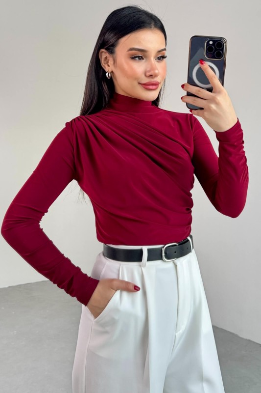 BLZ-9871 Bordo Yan Büzgülü Drapeli Uzun Kollu Bluz