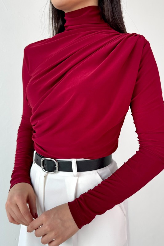 BLZ-9871 Bordo Yan Büzgülü Drapeli Uzun Kollu Bluz
