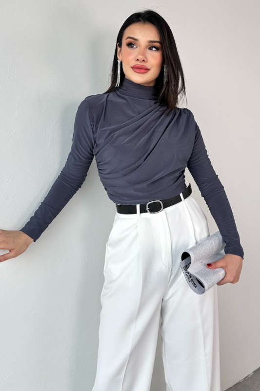 BLZ-9871 Füme Yan Büzgülü Drapeli Uzun Kollu Bluz