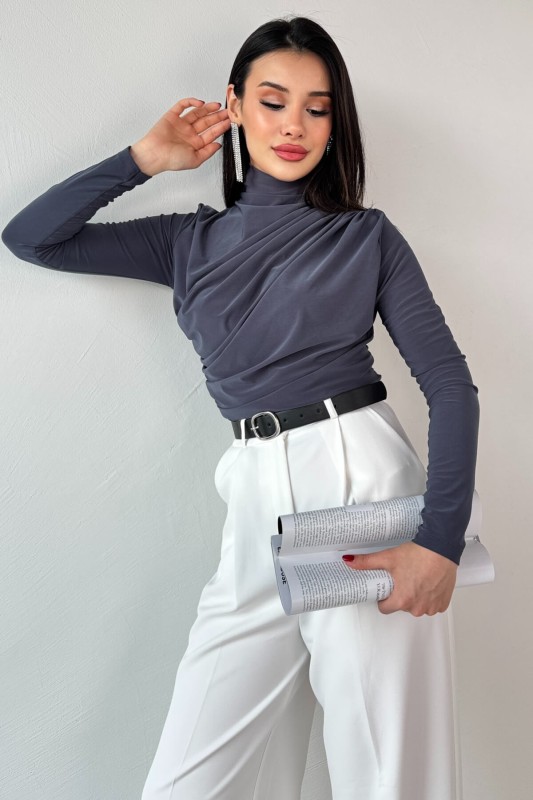 BLZ-9871 Füme Yan Büzgülü Drapeli Uzun Kollu Bluz