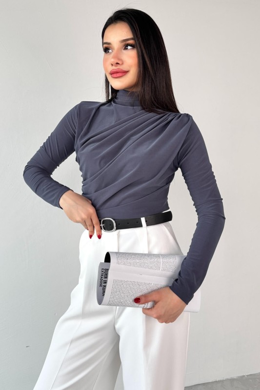 BLZ-9871 Füme Yan Büzgülü Drapeli Uzun Kollu Bluz