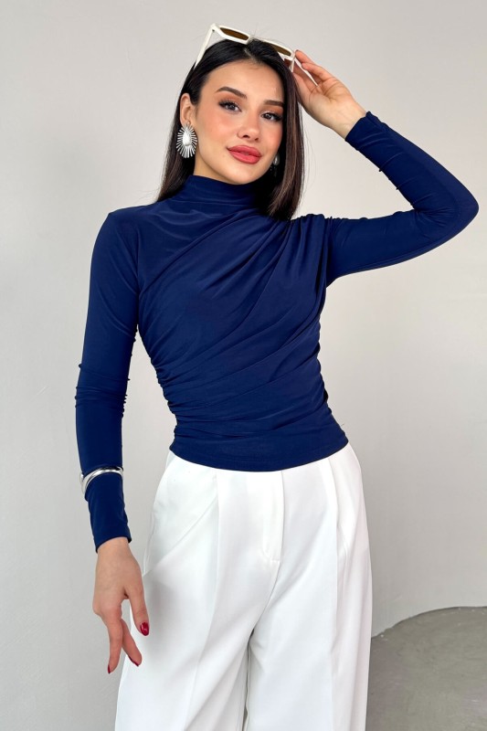 BLZ-9871 Lacivert Yan Büzgülü Drapeli Uzun Kollu Bluz