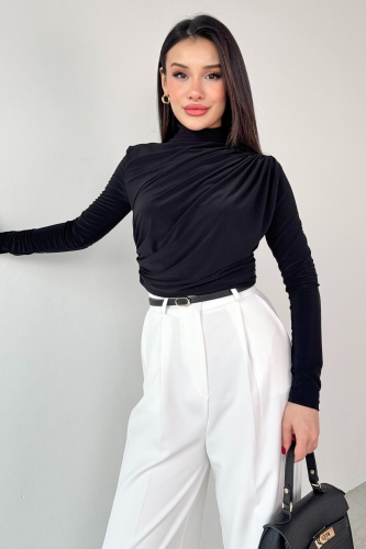 Cappmoda - BLZ-9871 Siyah Yan Büzgülü Drapeli Uzun Kollu Bluz (1)