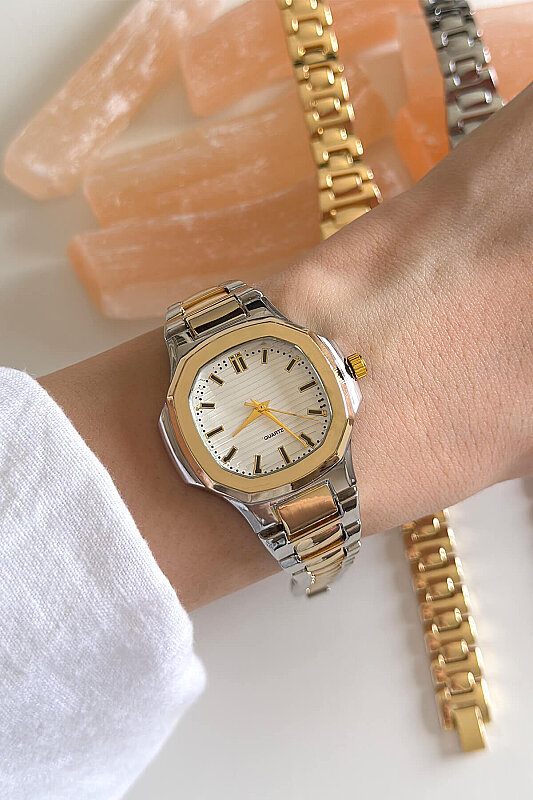 Cali Beyaz Kadran Gold-Silver Çelik Kordon Kadın Kol Saati - 1