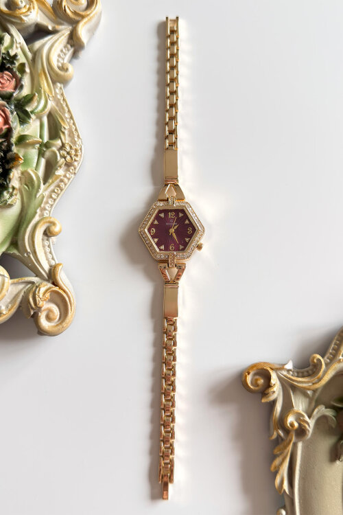 Calina Bordo Taşlı Kadran Gold Çelik Kordon Kadın Kol Saati