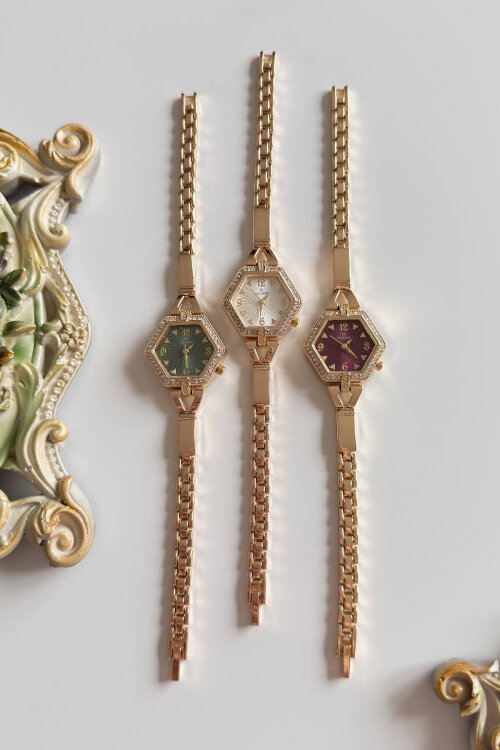 Calina Bordo Taşlı Kadran Gold Çelik Kordon Kadın Kol Saati (1)