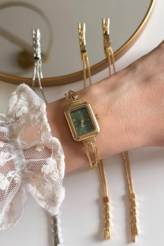 Celesi Yeşil Kadran Gold Metal Kordon Kadın Kol Saati 