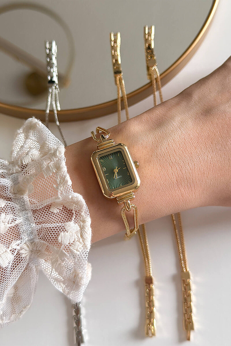 Celesi Yeşil Kadran Gold Metal Kordon Kadın Kol Saati - 1