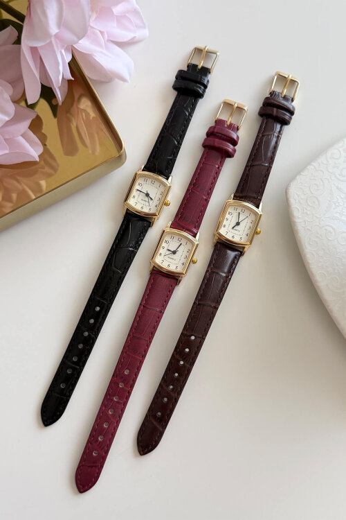 Cherry Bordo Gold Dikdörtgen Kadran Deri Dokulu Kordon Kadın Kol Saati (1)