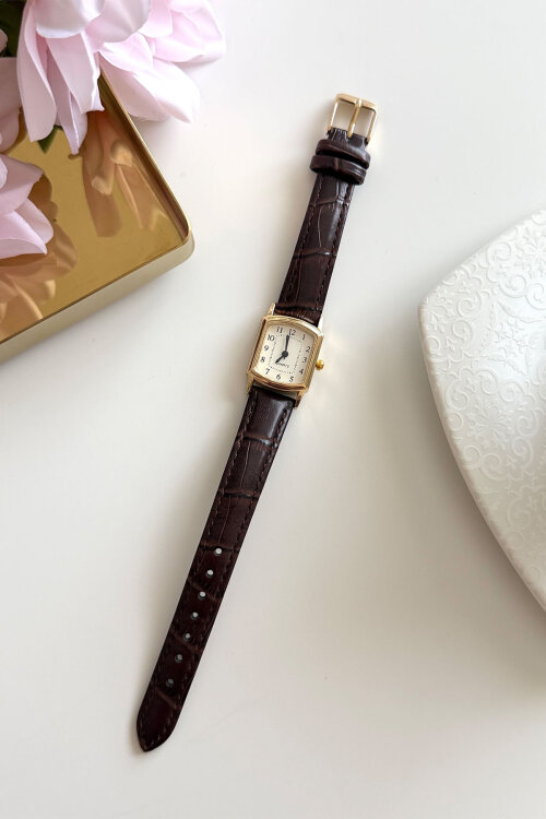 Cherry Kahverengi Gold Dikdörtgen Kadran Deri Dokulu Kordon Kadın Kol Saati