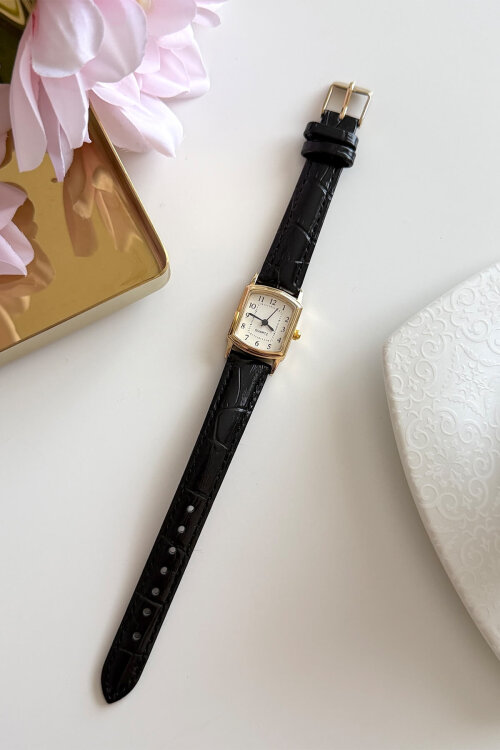 Cherry Siyah Gold Dikdörtgen Kadran Deri Dokulu Kordon Kadın Kol Saati