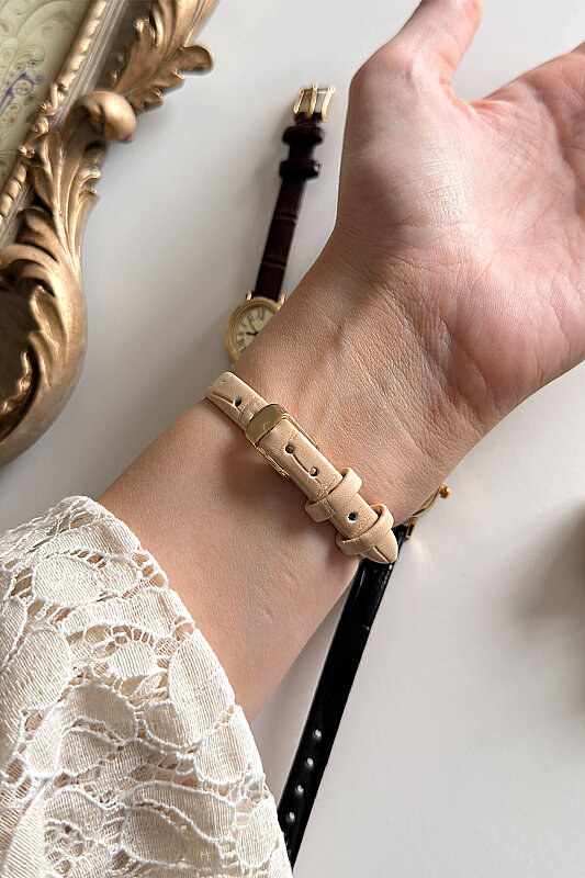 Chic Bej Deri Kordon Gold Kadran Kadın Kol Saati - 3