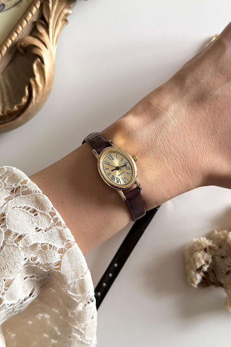 Chic Kahverengi Deri Kordon Gold Kadran Kadın Kol Saati - 1