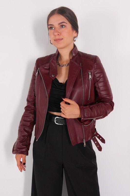 CKT-12048 Bordo Hakim Yaka Deri Ceket