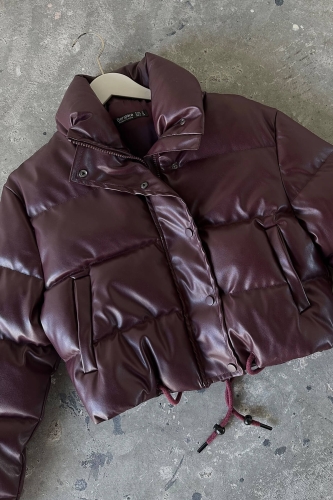 Cappmoda - CKT-12288 Bordo Suni Deri Şişme Crop Mont (1)
