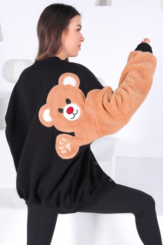 Cappmoda - CKT-12323 Siyah Ayıcık Peluş Detaylı Bomber Ceket (1)