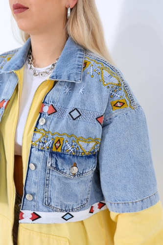 Cappmoda - CKT-12339 Sarı Kot Etnik Desen Nakışlı Fermuarlı Ceket (1)