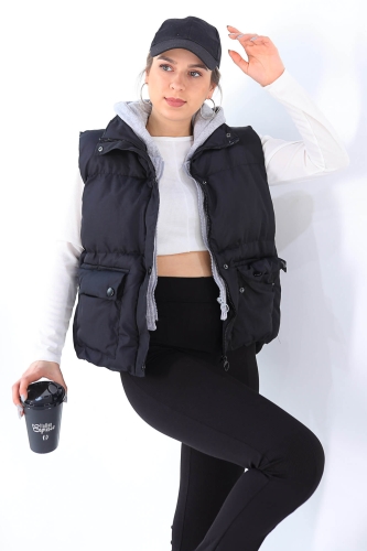Cappmoda - CKT-12341 Siyah Küpüşon Detaylı Cepli Şişme Yelek (1)