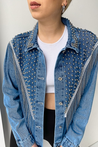 Cappmoda - CKT-12345 Mavi Zımba Detaylı Zincirli Tasarım Kot Ceket (1)