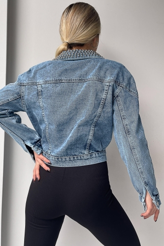 Cappmoda - CKT-12346 Mavi Yaka Zımba Detay Kemerli Kot Ceket (1)