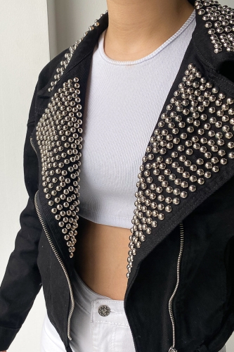 Cappmoda - CKT-12346 Siyah Yaka Zımba Detay Kemerli Kot Ceket (1)
