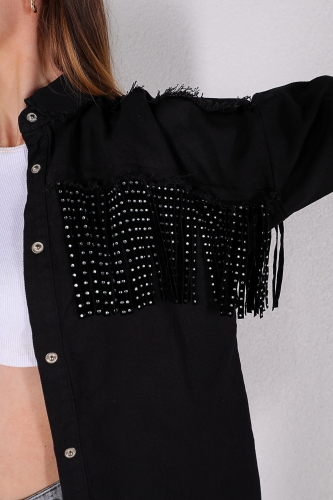 Cappmoda - CKT-12352 Siyah Püsküllü Eskitme Detay Kot Ceket (1)