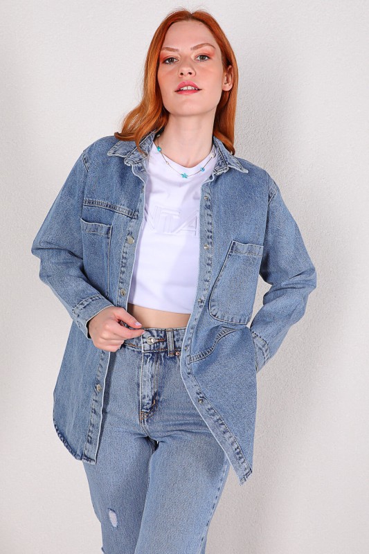 CKT-12354 Açık Mavi Çift Cepli Çıtçıtlı Mevsimlik Kot Ceket