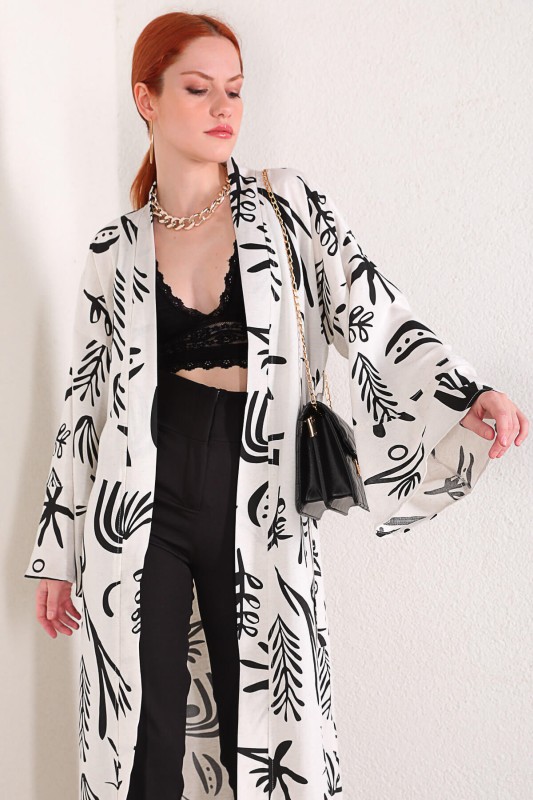 CKT-12355 Beyaz Yaprak Desen Keten Kimono