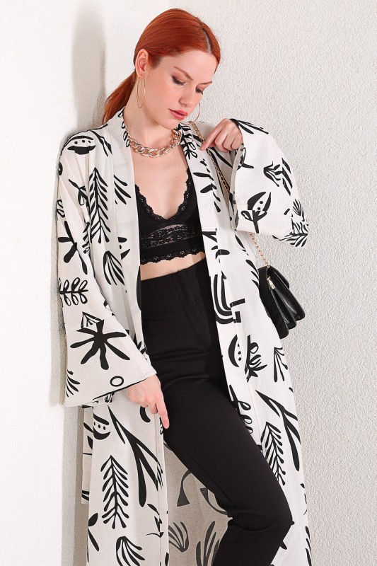 CKT-12355 Beyaz Yaprak Desen Keten Kimono