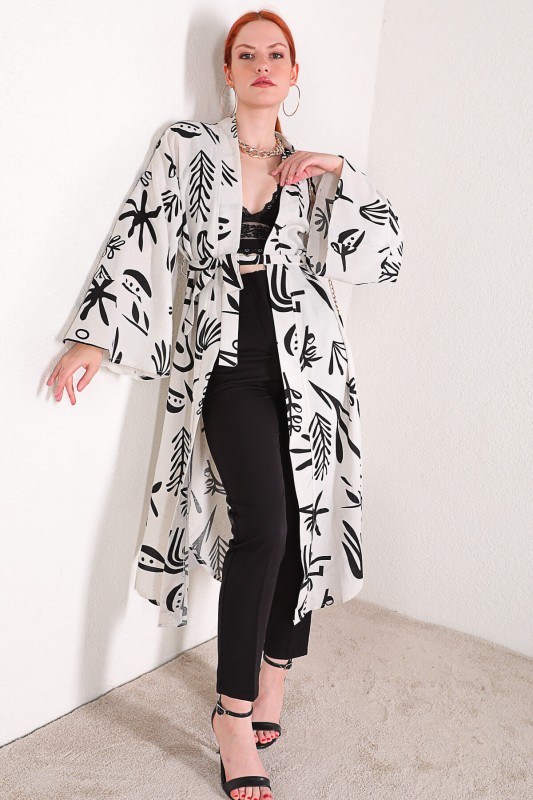 CKT-12355 Beyaz Yaprak Desen Keten Kimono