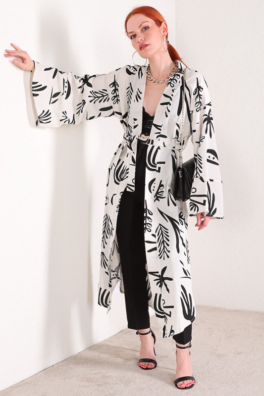 CKT-12355 Beyaz Yaprak Desen Keten Kimono