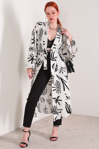 CKT-12355 Beyaz Yaprak Desen Keten Kimono - Thumbnail