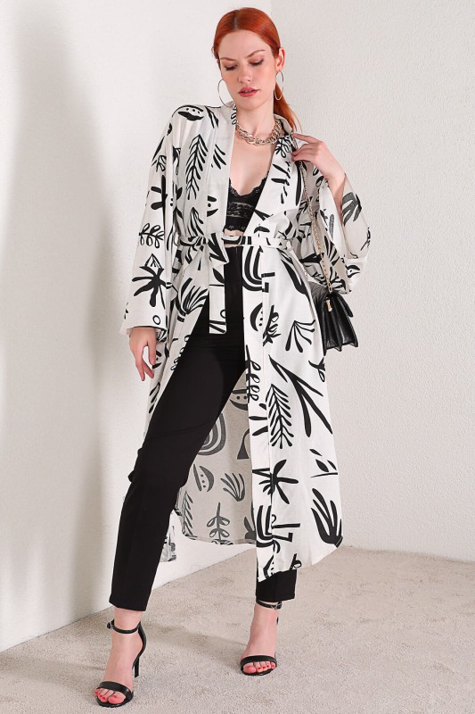 CKT-12355 Beyaz Yaprak Desen Keten Kimono
