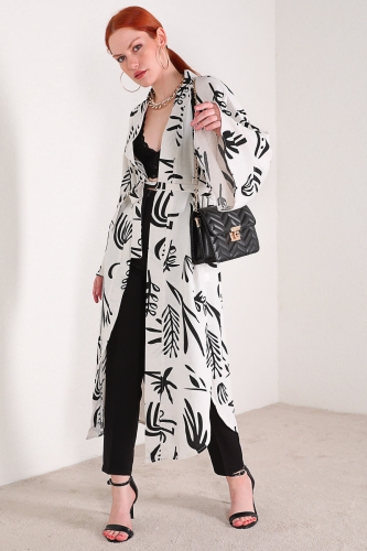 CKT-12355 Beyaz Yaprak Desen Keten Kimono - Thumbnail