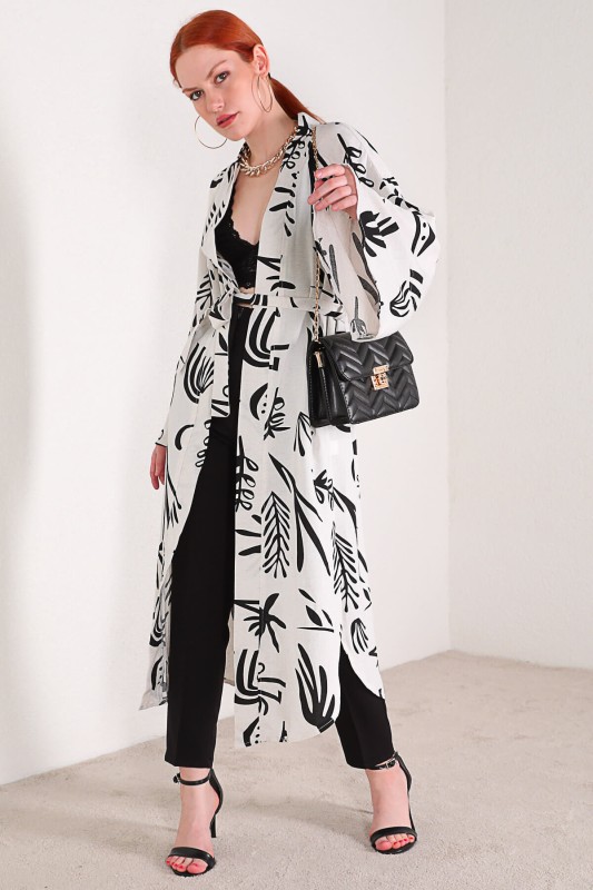 CKT-12355 Beyaz Yaprak Desen Keten Kimono