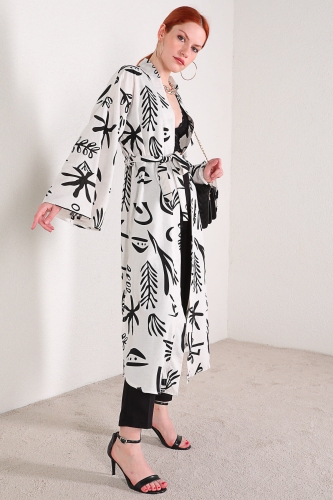 CKT-12355 Beyaz Yaprak Desen Keten Kimono - Thumbnail